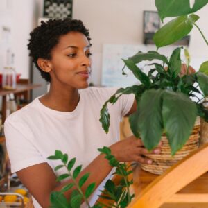 woman tending to house plants