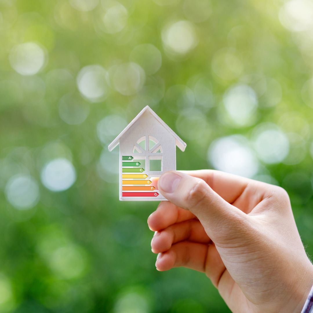 holding an icon of an energy efficient home over a green background